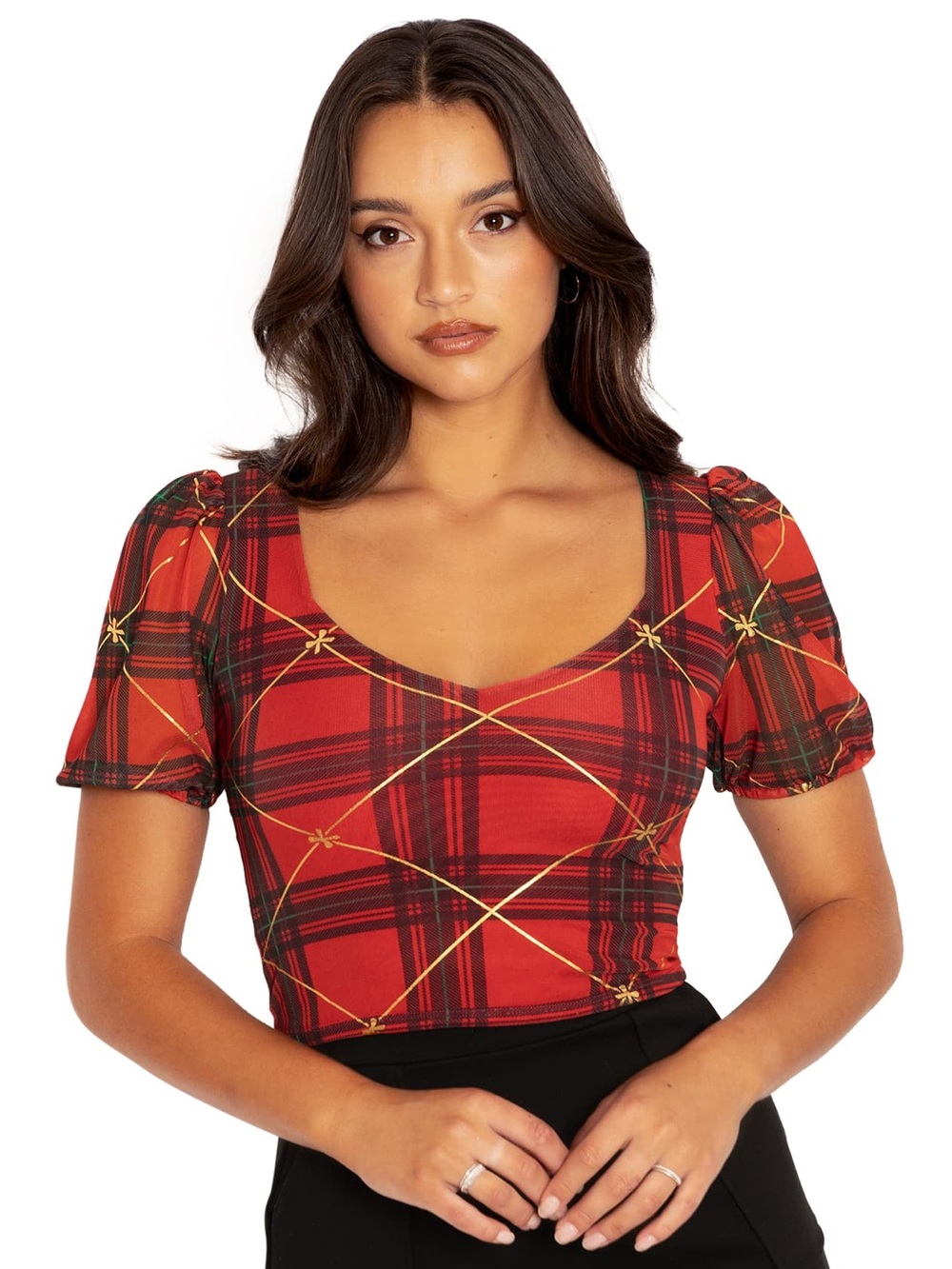 NWOT Blackmilk Tartan Gift Wrap Puff Sleeve Sweetheart Top ~ LIMITED Size Large